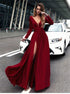 Deep V Neck Long Sleeves Burgundy Chiffon Prom Dresses with Split LBQ1213